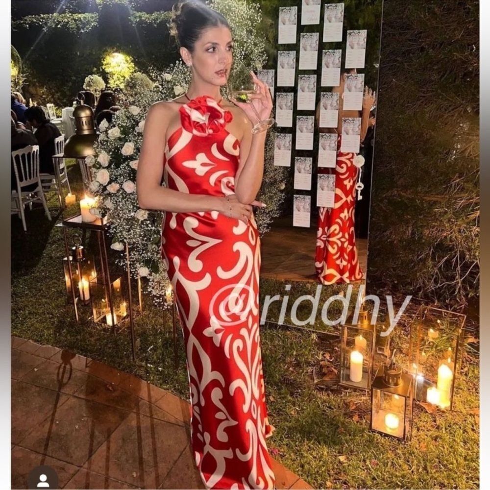 Blogger favorite red satin halter dress with floral applique